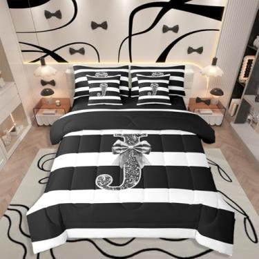Imagem de Erosebridal Jogo de lençol solteiro com estampa de monograma, letra J, laço kawaii, preto, 7 peças, para crianças, adolescentes, adultos, mulheres, quarto, moderno, listrado, cama em uma bolsa