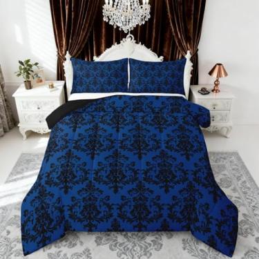 Imagem de Castle Fairy Conjunto de edredom vintage, preto e azul, boêmio, estilo vitoriano, floral, reversível, estilo gótico, damasco, renda, macio, acolchoado para meninas e adolescentes