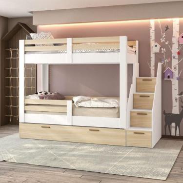 Imagem de Treliche Juvenil com Escada Jade Mobikasa e Colchão Gazin, Branco Legn