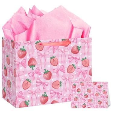 Imagem de Hooqict Bolsa de presente grande com laço de morango, rosa, para presente de aniversário, com alças, papel de seda, cartão de felicitações para meninas, crianças, mulheres, decorações de aniversário