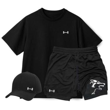 Imagem de Conjunto Camiseta Oversized,Short Térmico e Boné Aba Curva Peso Lobo Masculino-Masculino