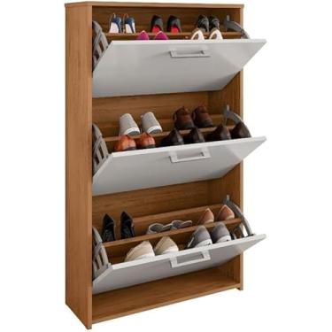 Imagem de Sapateira Basculante Slim, Sapateira Organizadora 3 Portas Armário Multiuso para Hall Entrada Quarto Sala(Freijó/Off White)