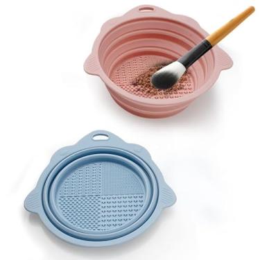 Imagem de Tigela de limpeza de pincéis de maquiagem de silicone dobrável, ferramenta de limpeza profunda tamanho viagem azul