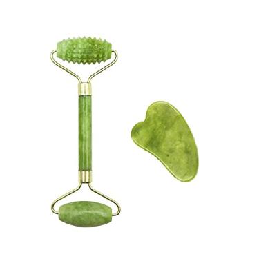 Imagem de Conjunto de Rolo Jade e Placa Gua Sha - Ferramentas Massagem por Raspagem Pedra para Cuidados com a Pele Facial -aging Massager Beleza Rosto Olhos Pes
