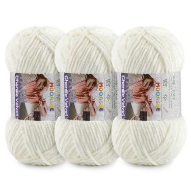 Imagem de 3 fios grossos de 100 g para crochê e tricô – Fio super volumoso de chenille de pelúcia fácil de usar 393 m - Fio de veludo ultramacio para bebês para iniciantes e projetos amigurumi, branco leitoso