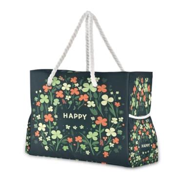 Imagem de Wassud Bolsa de praia com flores e felicidade, grande, para mulheres, impermeável, à prova de areia, bolsa de viagem com zíper e bolso para piscina, academia, acampamento