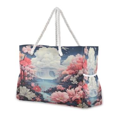 Imagem de Wassud Bolsa de praia feminina com paisagem de lago florida, grande, à prova d'água, à prova de areia, bolsa de viagem com zíper e bolso para piscina, academia, acampamento