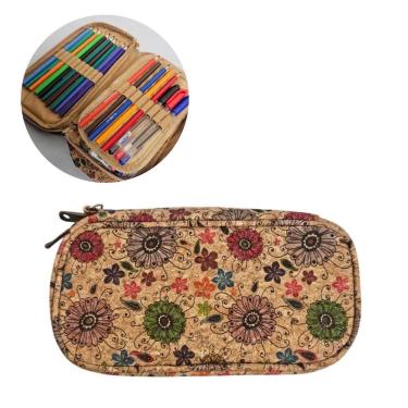 Imagem de Estojo Box Escolar Duplo Fofo Grande Floral Cortiça Organizador Colorido Aula Lápis Caneta Marrom