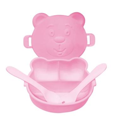 Imagem de Kit Lanchinho Com 2 Potes Ursinho Com Divisórias + Talheres Rosa - Bebê & Mamãe
