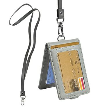 Imagem de Porta-crachá de couro PU com cordão removível para identificação de escritório e escola, porta-cartões para cartões de crédito de ônibus, 4 compartimentos, 1 janela para identidade, cinza