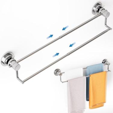 Imagem de Barra de toalha dupla com ventosa ajustável de 33 a 63 cm, suporte para lençóis de banho de aço inoxidável para chuveiro de vidro, suporte de toalha a vácuo potente para banheiro, cozinha, trailer e