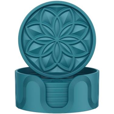 Imagem de HFHOME Conjunto de porta-copos de silicone com suporte - 6 porta-copos para mesa de café, bar, mesa - presente de proteção de mesa - azul