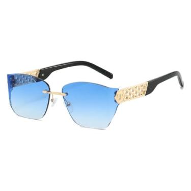 Imagem de HCHES Óculos de Sol Femininos de Luxo Sem Armação com Lentes Degradê, Estilo Retrô, Armação Metálica Vazada, Proteção UV400 (Azul Dourado)