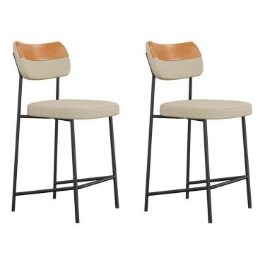 Imagem de Kit 02 Banquetas Médias Cozinha Lila Estofada Couríssimo Whisky Linho Bege - Desk Design