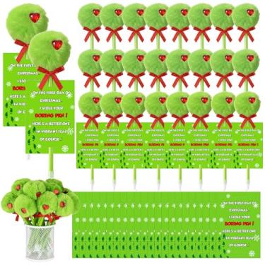 Imagem de Ctosree Canetas esferográficas pompom felpudas de pelúcia verde de Natal com cartões de inserção de caneta de 6 x 9 cm - laço vermelho festivo e design de coração 3D, lembrancinhas de festa de fim de