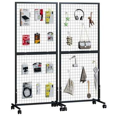Imagem de BBTEQEKN 2 suportes de exibição de painel de parede de grade de 9 x 15 cm, suporte de exibição de parede de grade de metal com rodas T-Base, suportes independentes móveis resistentes para loja de