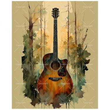 Imagem de Kit de pintura de guitarra por números para adultos - Pintura de guitarra florestal DIY em tela, conjunto de tinta acrílica, adequado para iniciantes, ideal para decoração de casa ou presentes