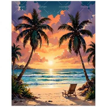 Imagem de Kit de pintura de pôr do sol de praia por números para adultos – Pintura de palmeira DIY em tela, conjunto de tinta acrílica, adequado para iniciantes, arte tropical para decoração de casa ou