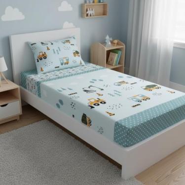 Imagem de Jogo de Lençol Solteiro Menino 2 peças Lençol Elástico com Fronha Estampada Transportes