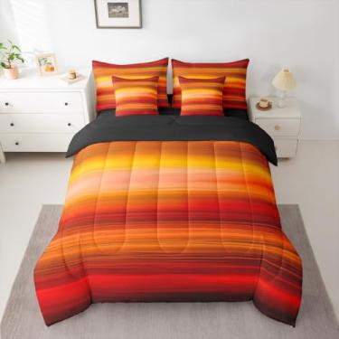 Imagem de Feelyou Jogo de cama com estampa laranja e vermelho gradiente, 7 peças, cor romântica, microfibra, amarelo, vermelho escuro, inclui edredom, conjunto de lençol, fronhas e fronhas, tamanho king