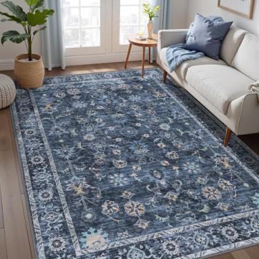Imagem de Tangsoo Tapete de área estampado, antiderrapante, lavável, ultrafino, ultramacio, tapete impresso de pilha baixa para interior, quarto, sala de estar, 10 x 15 grande (azul envelhecido preto)