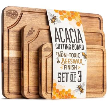 Imagem de Tábuas de corte não tóxicas para cozinha - Conjunto de 3 tábuas de corte de madeira de acácia com acabamento em cera de abelha (15,7 x 12,33 x 9,4, 10 x 17,8 cm), sem óleo mineral, sulco de suco