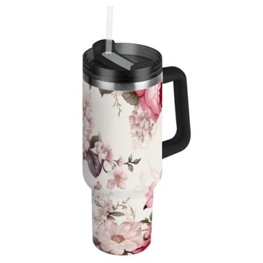 Imagem de Joisal Copos de aço inoxidável com tampa e canudos Vintage Pink Flowers Tumbler para rosa quente e frio fofo copo de 1,134 g com alça garrafa de água isolada