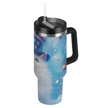 Imagem de Joisal Copos com tampas e canudo balões de gato branco patriótico de 1,134 g copo com alça moderna garrafa de água isolada copo de aço inoxidável para quente e frio