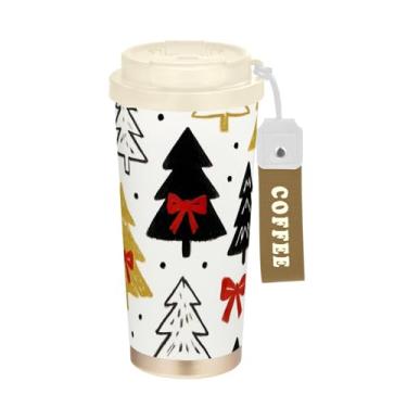 Imagem de Copo para caneca de café de viagem de 473 ml, copo de café de viagem com revestimento cerâmico com canudo e tampa, copo isolado a vácuo de aço inoxidável, árvores de Natal festivas douradas