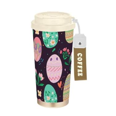 Imagem de TSENQUE Caneca de café de viagem 41 onças com canudo e tampa, revestimento cerâmico, isolada a vácuo, caneca de café de aço inoxidável, à prova de vazamento, ovos de Páscoa coloridos pastel floral