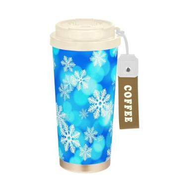 Imagem de TSENQUE Copo de café de 473 ml com canudo e tampa, copo de café de viagem de aço inoxidável à prova de vazamento para escritório, escola, festa, acampamento, flocos de neve de Natal, azul