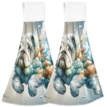 Imagem de TSENQUE Toalha de mão personalizada de buldogue fofo com nuvens de cachorro, com laço para pendurar, conjunto de 2 toalhas de cozinha fofas ultra absorventes decorativas, 45 x 35 cm
