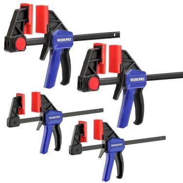 Imagem de WORKPRO Mini grampos de barra para marcenaria, 15.2 cm (2) e 4-1/5.1 cm (2), 4 braçadeiras/espalhadores de uma mão, braçadeira F leve de troca rápida com limite de carga de 68 kg azul