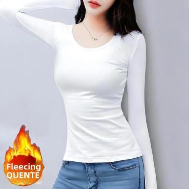 Imagem de Camisetas Térmicas Femininas de Lã - Manga Comprida, Gola Redonda, Cai