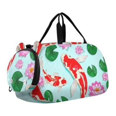 Imagem de Bolsa de viagem azul para meninas com bola de tênis, bolsa de viagem para o fim de semana, academia, bolsa de mão para meninos, Flores de lírio de peixe Koi azul claro, Clássico
