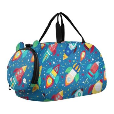 Imagem de Bolsa esportiva para meninos, fim de semana, bolsa de viagem para crianças, palmeiras tropicais, bege, laranja, Foguete de desenho animado colorido azul, Clássico