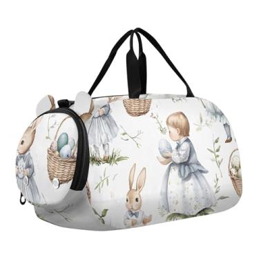 Imagem de Flying Pig Bolsas de viagem divertidas para viagem durante a noite Bolsa esportiva de viagem para meninos, dança, bagagem infantil, Coelhos vintage, ovos, flores, branco, Clássico