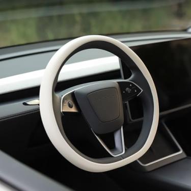 Imagem de Tparts Capa de volante de silicone para modelo Y Juniper 2025-2026/Model 3 Highland 2024-2026, antiderrapante respirável modelo 3/Y acessórios interiores protetor de volante de carro (branco)