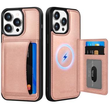 Imagem de Uppuppy Capa para iPhone 13 Pro Max com carteira - Compatível com MagSafe Women Girls Cute Aesthetic Unique Design Suporte de cartão de crédito de couro para Apple 13 Promax, ouro rosa