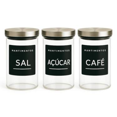 Imagem de Kit 3 Potes Herméticos com Tampa de Inox 1300 ml Vidro Com Etiquetas para Açúcar Café e Sal 20 cm