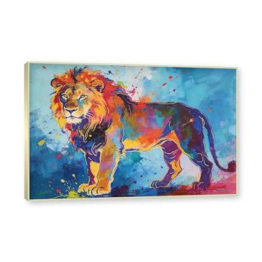 Imagem de NHLDZYH Moldura dourada. Quadro abstrato de leão - arte moderna com salpicos de cor vibrante - arte de parede energética para casa, escritório ou negócios - tela decorativa. A80. 40 x 60 cm.