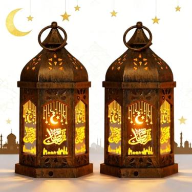 Imagem de iLifemate Decorações de Ramadã para casa, decorações de lanterna de Ramadã de mesa, lanterna de LED islâmica operada por bateria, decoração suspensa com estrela da lua, janelas de mesa vintage Eid
