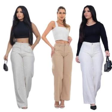 Imagem de Calça Pantalona Linho Feminina Cintura Alta Com bolso na frente e zipe