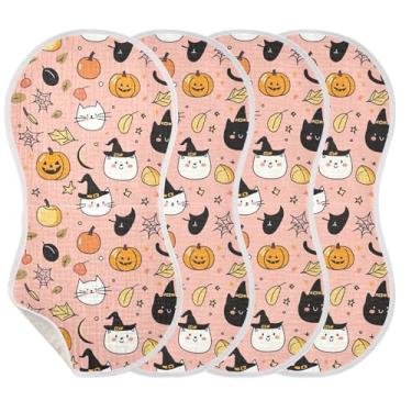 Imagem de Wassud Pacote com 4 panos de musselina para bebês com estampa de Halloween, babadores de algodão, toalhas de rosto absorventes e macios para arrotos para meninos e meninas recém-nascidos
