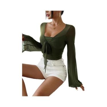 Imagem de Camiseta Floral Feminina Y2K Com Decote Em V, Manga Flare Com Renda, V