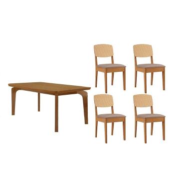 Imagem de Sala Jantar Mesa Londrina Tampo Curvo 120cm+4 Cadeiras Havana Naturale - Linho Capuccino - Rufato