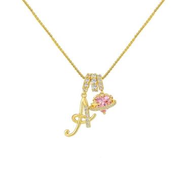 Imagem de CASOLVX Colar feminino com inicial A, banhado a ouro 24 K, corrente de letras, pingente de nome moderno, colar delicado com coração rosa e zircônia cúbica, presente para ela, Adjustable, Cobre, Strass