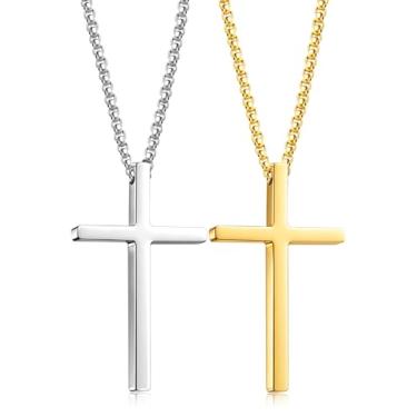 Imagem de Romass 2 unidades de colar de cruz para homens e meninos, pingente de aço inoxidável, corrente de cruz preta, prata, caixa de presente de 40 a 76 cm, 18 in, Aço inoxidável, Sem Pedra Preciosa