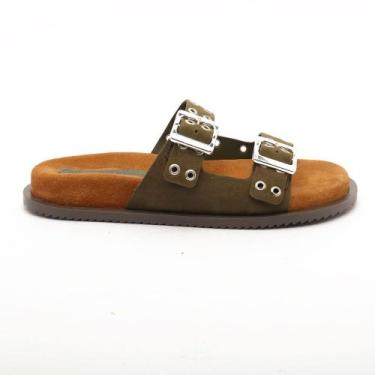 Imagem de Papete Feminina Sapato da Corte Duas Fivelas Furos Camurça, Verde mili