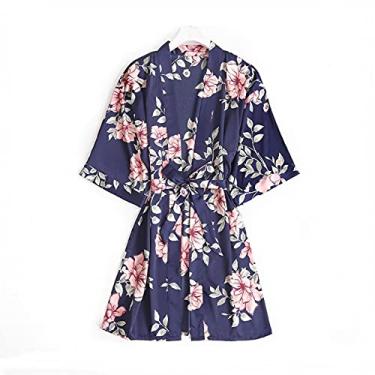 Imagem de HHHJQFAAT Pijama feminino 3 peças floral rendado acabamento cetim Cami conjunto de pijama com robe decote em V roupa de dormir vestido G azul marinho-B (azul marinho f)